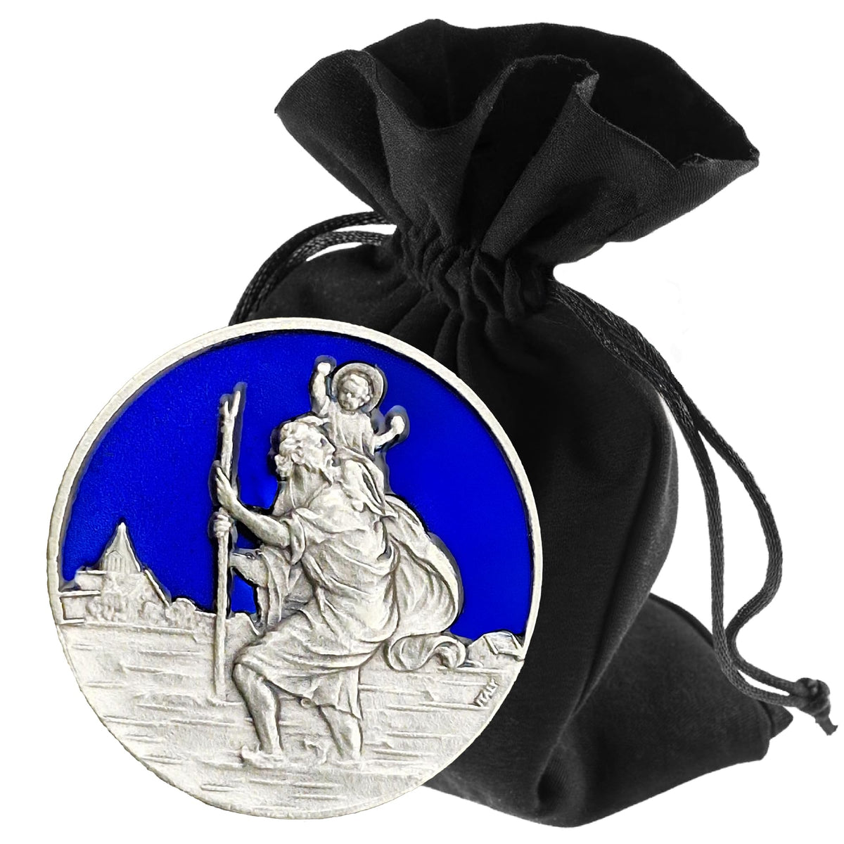 St Christopher Medal Blue Ø 3.5 cm – Blessed & Magnet – product view