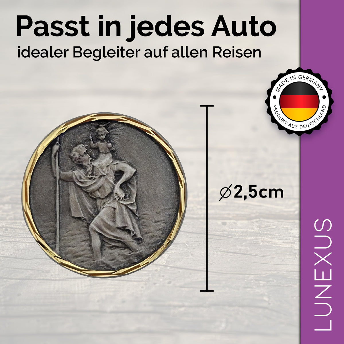 Medalla San Cristóbal para coche borde dorado Ø 2,5 cm – bendecida e imán – vista 2