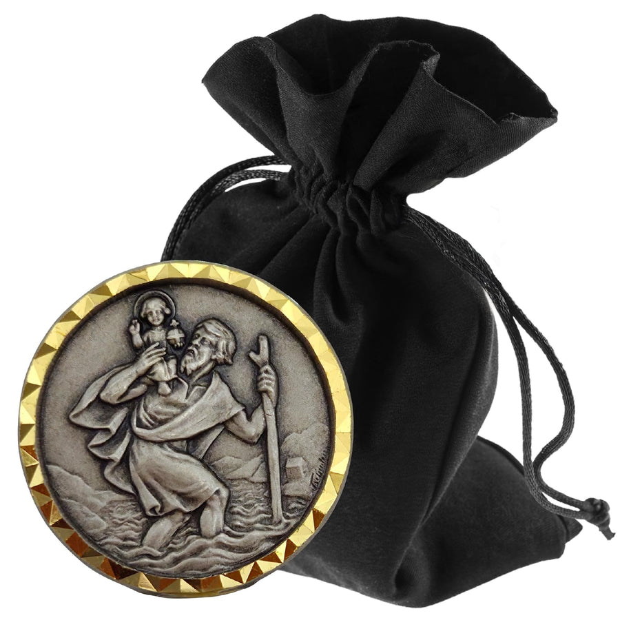 St Christopher Car Medal Gold Edge Ø 2.6 cm – Blessed & Magnet – product view