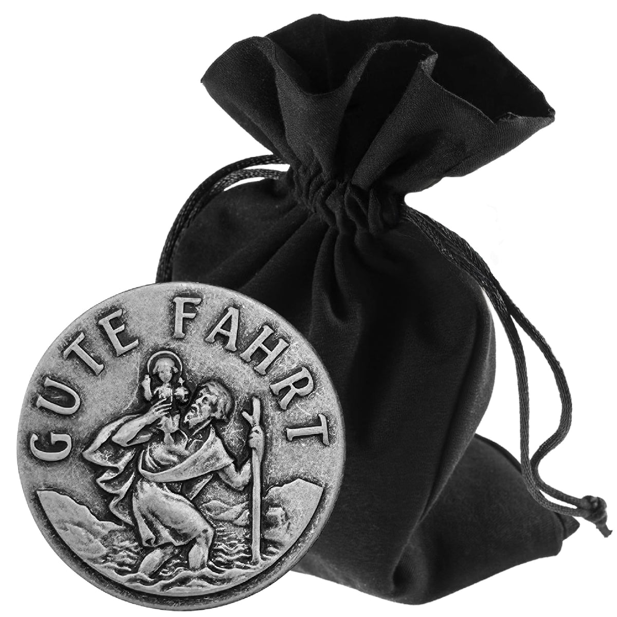 Medalla San Cristóbal para coche «Gute Fahrt» Ø 2,3 cm – bendecida e imán – vista del producto