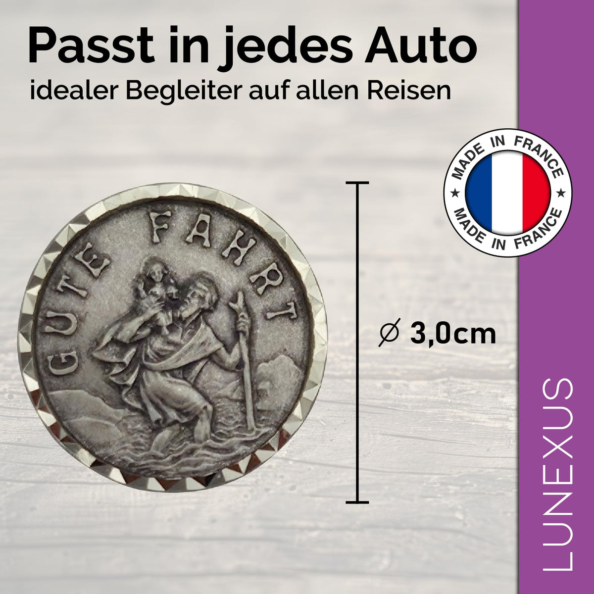 Medalla San Cristóbal para coche «Gute Fahrt» Ø 3 cm – borde facetado, bendecida e imán – vista 2