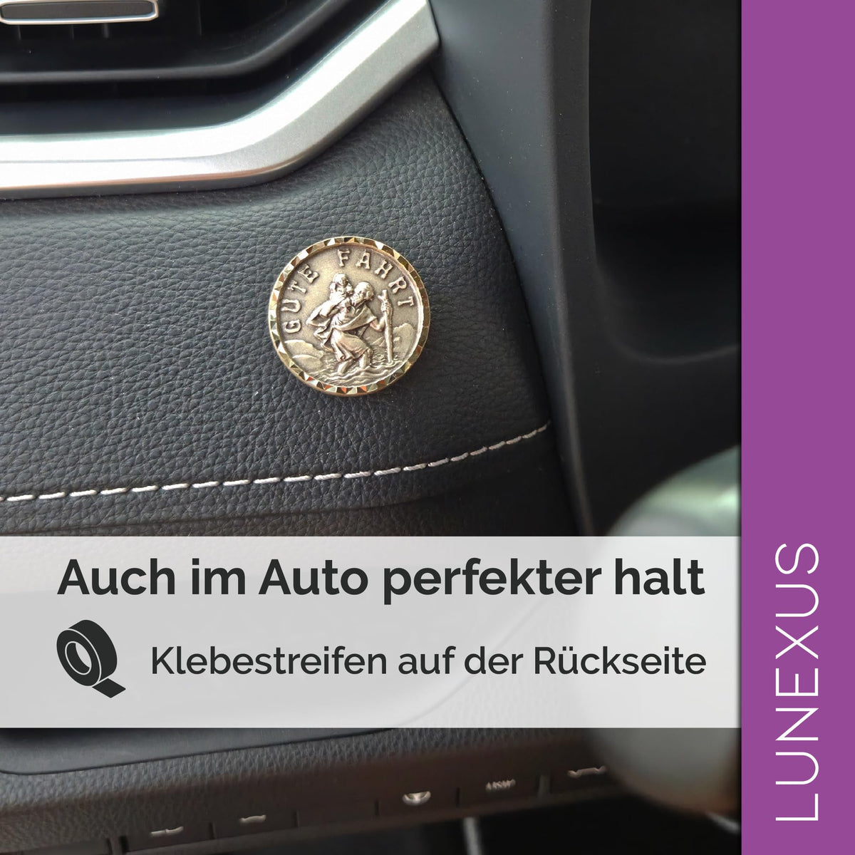 Medalla San Cristóbal para coche «Gute Fahrt» Ø 3 cm – borde facetado, bendecida e imán – vista 5