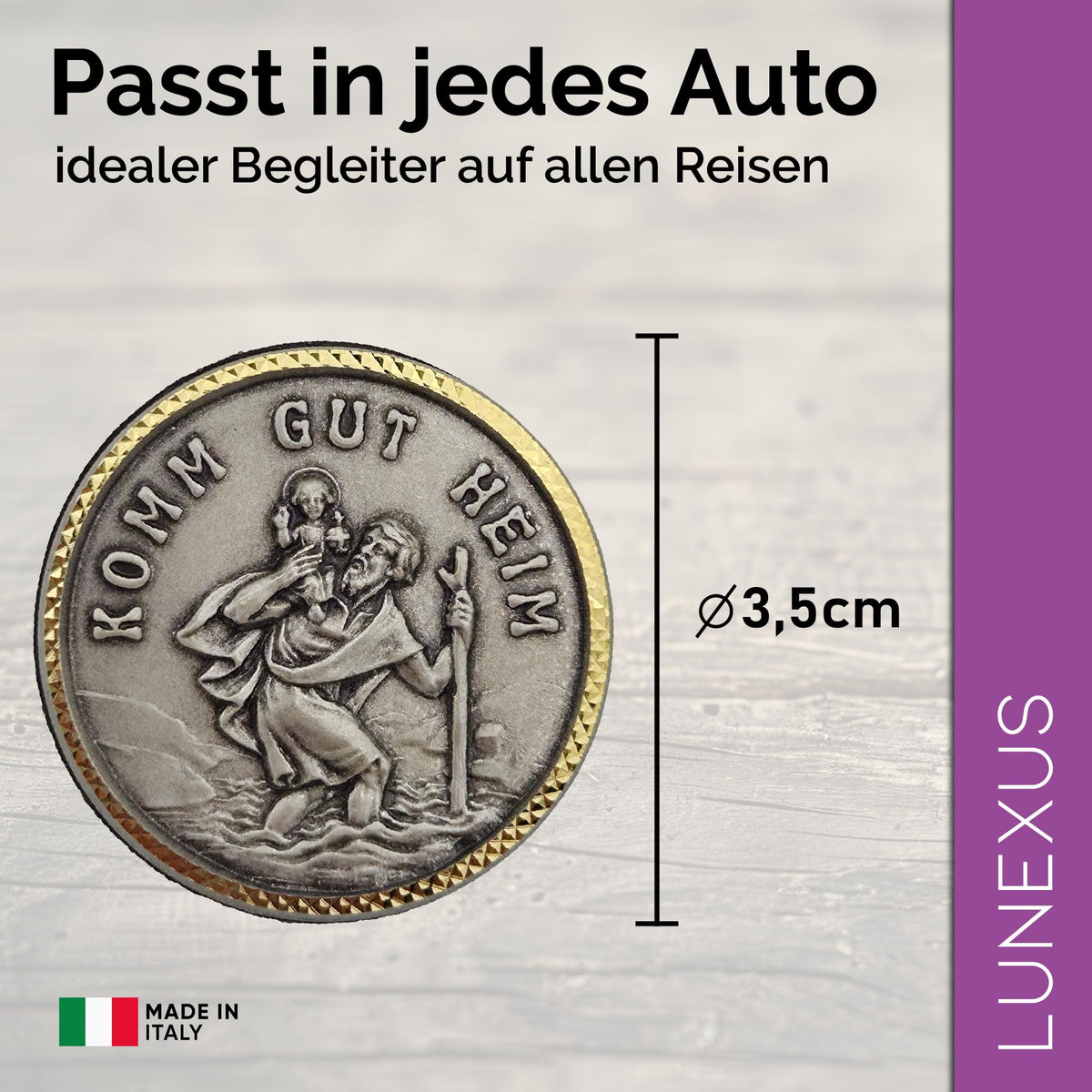 Medalla San Cristóbal para coche «Komm Gut Heim» Ø 3,5 cm – bendecida e imán – vista 2
