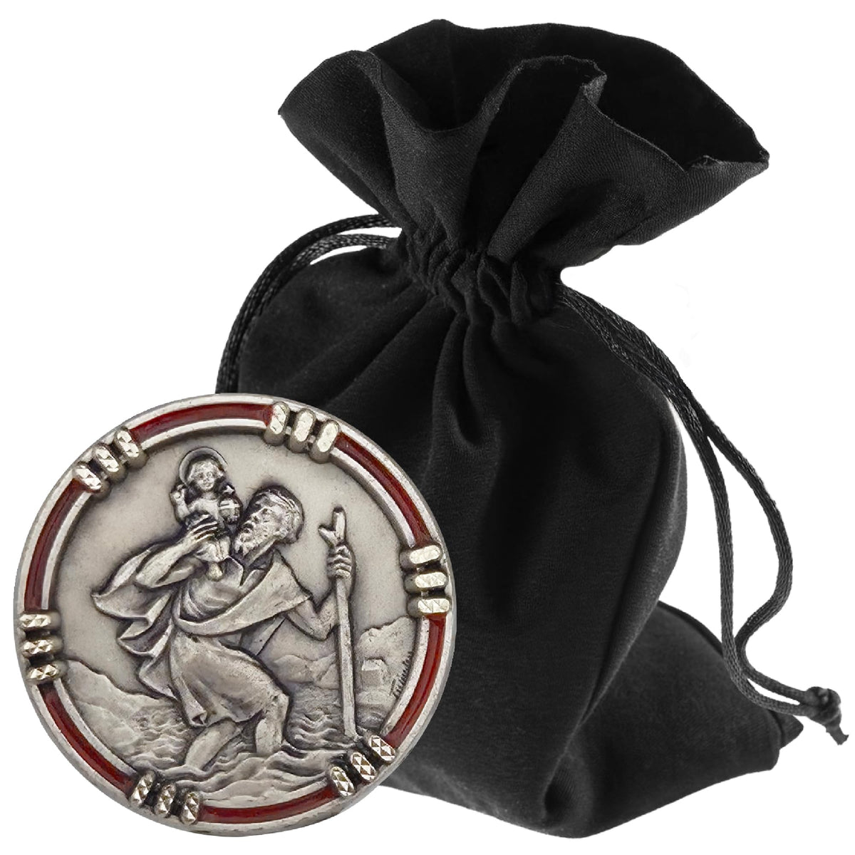 St Christopher Medal Red Edge Ø 2.5 cm – Blessed & Magnet – product view