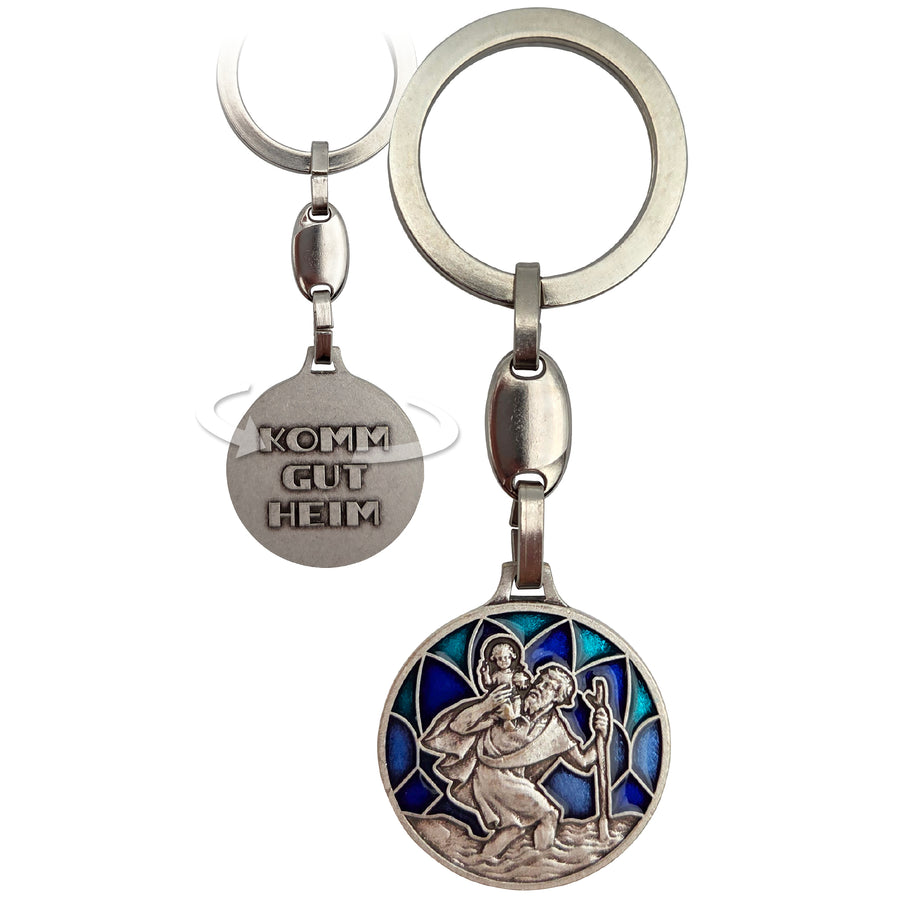 Porte-clés saint Christophe bleu bénit avec gravure « Komm gut heim », saint patron des automobilistes et des voyageurs