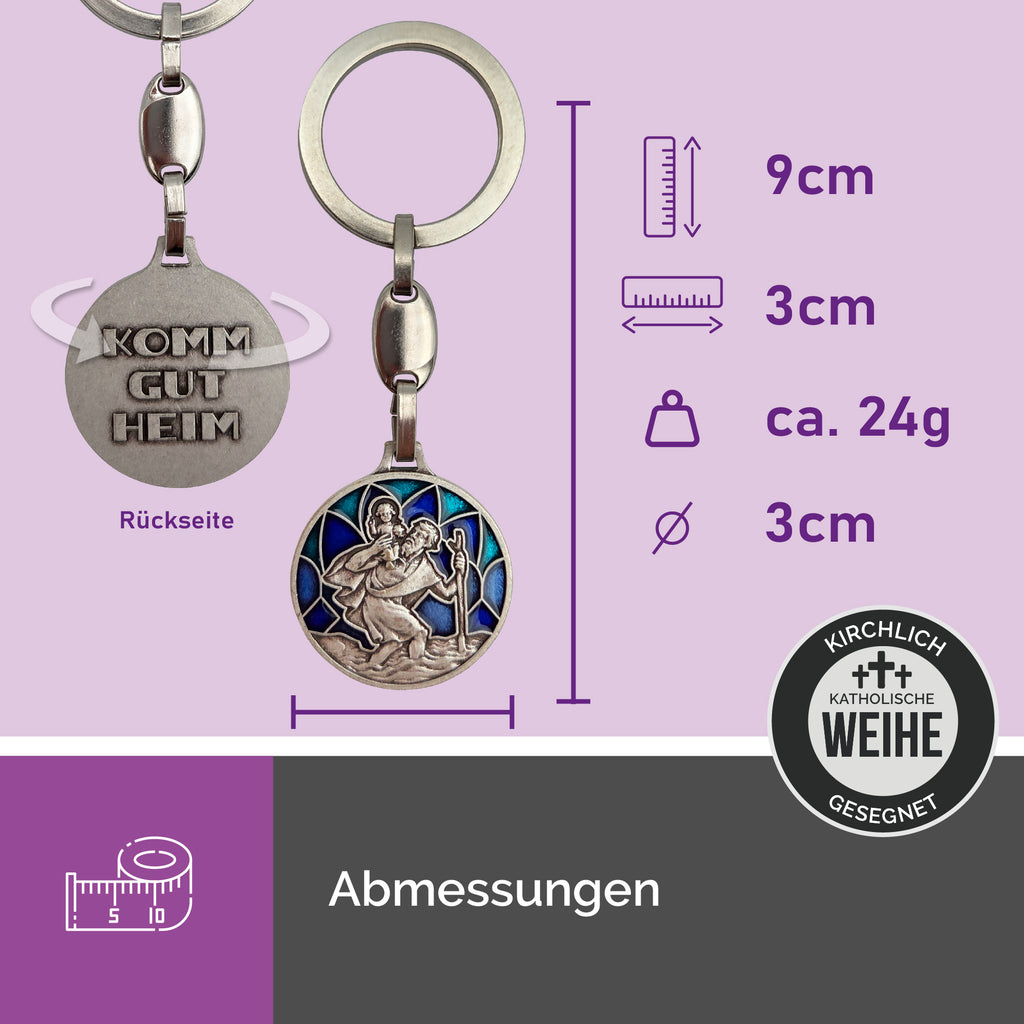 Maße des blauen Christophorus Schlüsselanhängers aus Metall mit Emaille-Einlage 9 cm Länge Ø 3 cm
