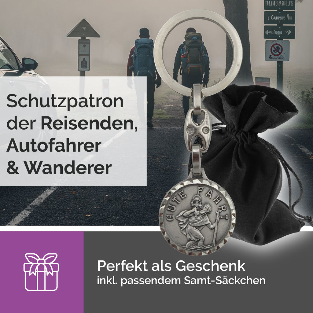 Handgefertigter Christophorus Schlüsselanhänger Gute Fahrt aus Frankreich, gesegnet und mit Weihe-Zertifikat geliefert