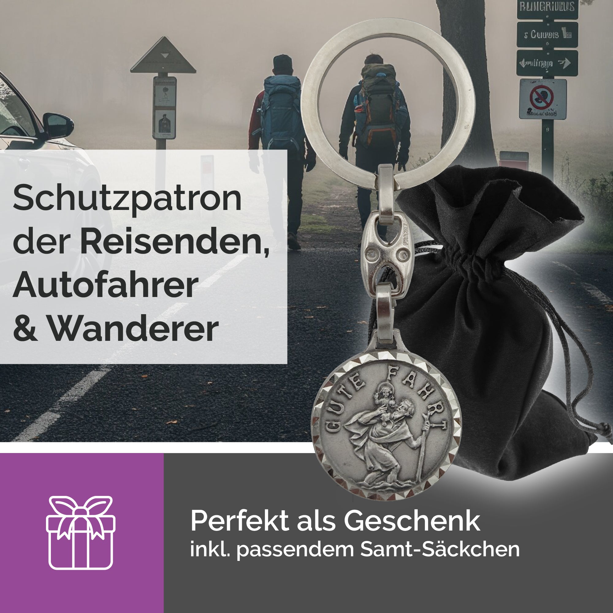 Handgefertigter Christophorus Schlüsselanhänger Gute Fahrt aus Frankreich, gesegnet und mit Weihe-Zertifikat geliefert