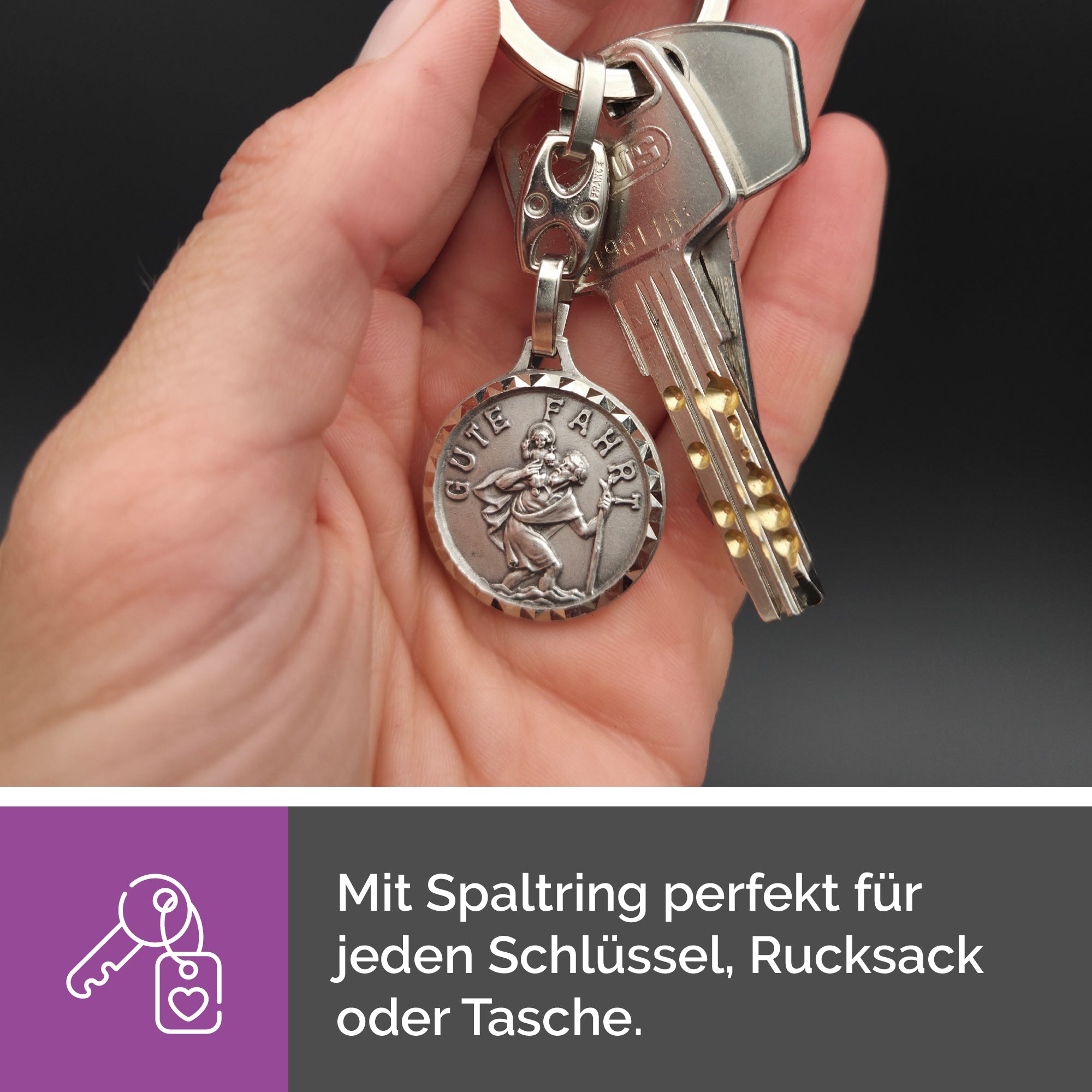 Handgefertigter Christophorus Schlüsselanhänger Gute Fahrt aus Frankreich, gesegnet und mit Weihe-Zertifikat geliefert