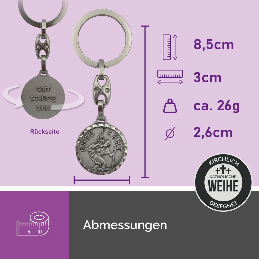 Maße des Christophorus Schlüsselanhängers Gute Fahrt aus Metall mit Antik-Silber-Oberfläche 8,5 cm Länge Ø 2,6 cm