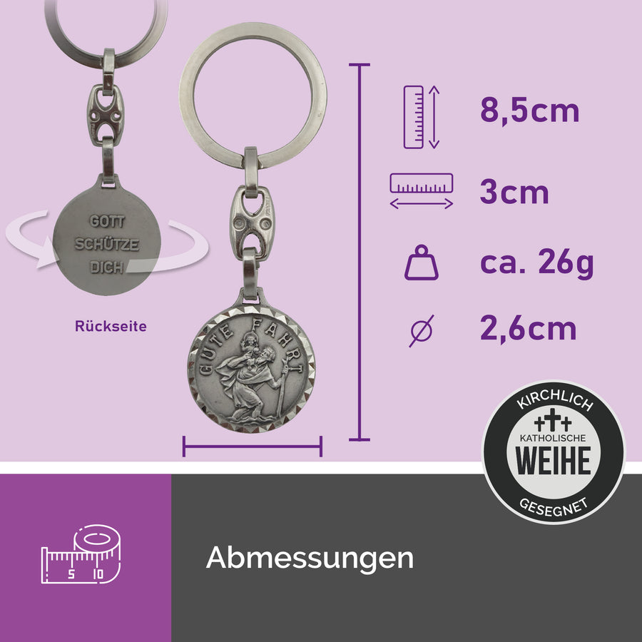 Dimensions du porte-clés saint Christophe « Gute Fahrt » en métal, finition argent vieilli, longueur 8,5 cm, Ø 2,6 cm