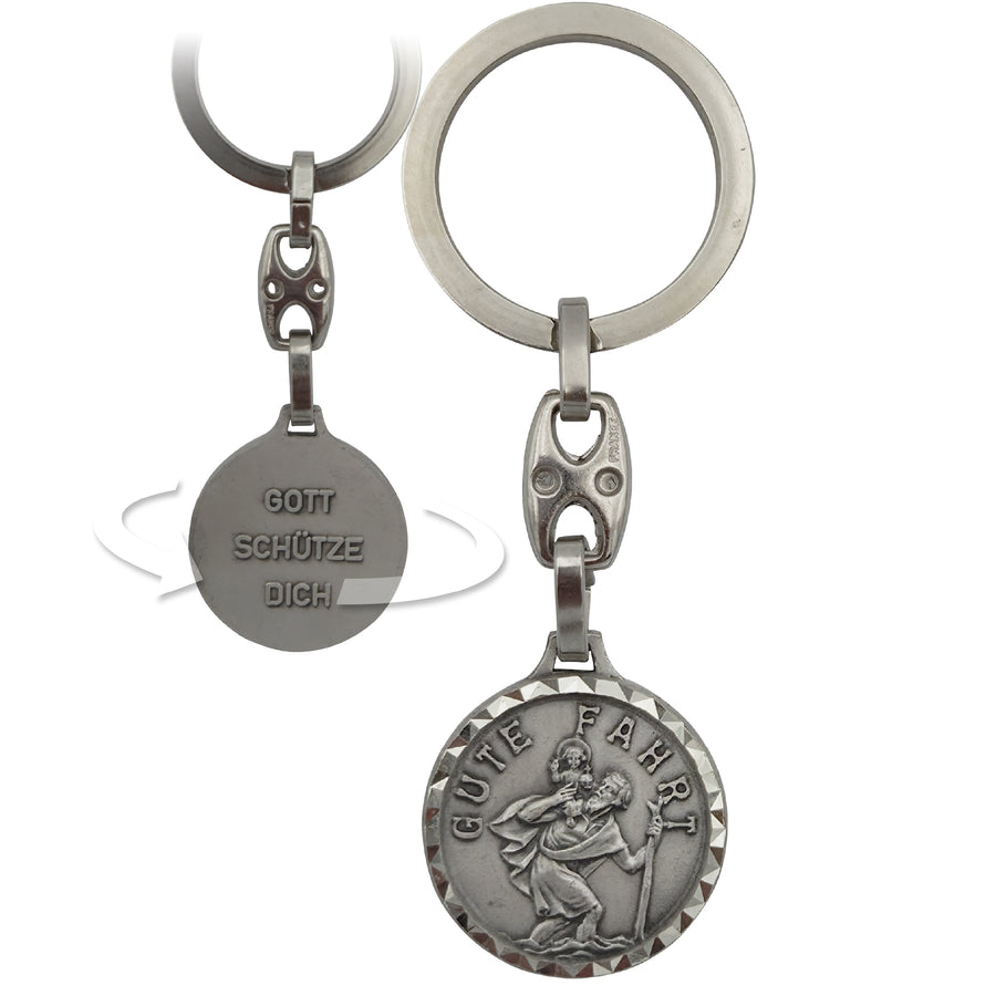 Porte-clés saint Christophe bénit avec gravure « Gute Fahrt » et, au revers, « Gott schütze dich », saint patron des automobilistes et des voyageurs