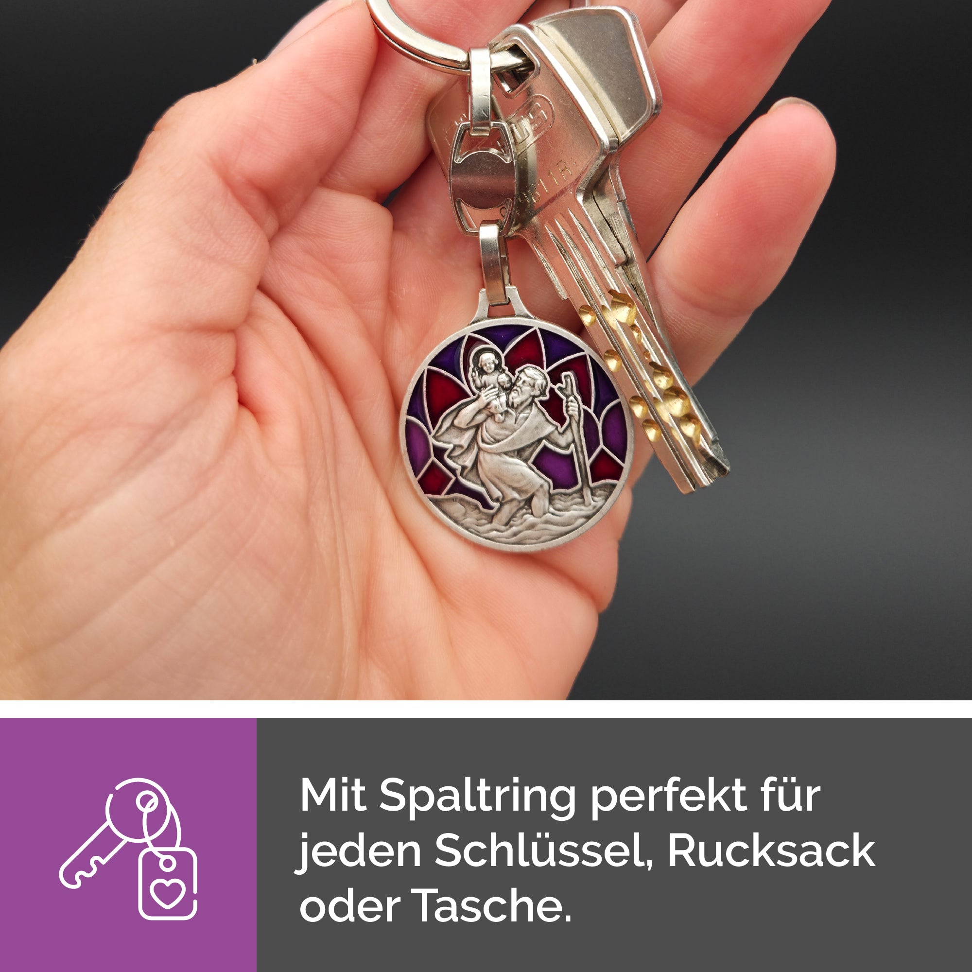 Handgefertigter Christophorus Schlüsselanhänger mit Emaille-Detail, gesegnet und in Frankreich gefertigt