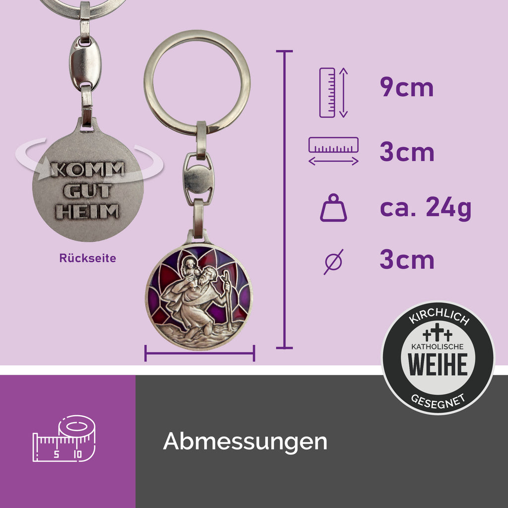 Maße des Christophorus Schlüsselanhängers aus Metall mit Emaille-Einlage 9 cm Länge Ø 3 cm