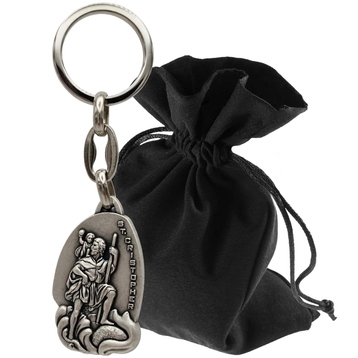 St Christopher Keyring “St. Cristopher” 9 cm – Blessed – front with velvet pouch