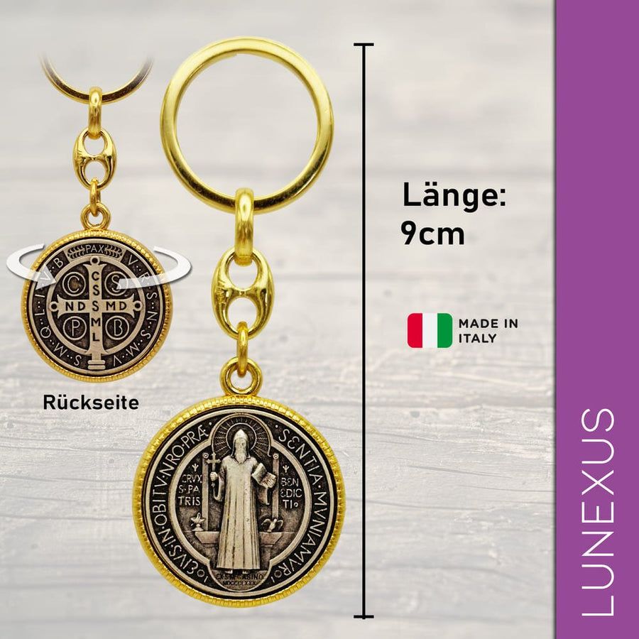 Porte-clés saint Benoît 9 cm – doré / bronze vieilli - LUNEXUS