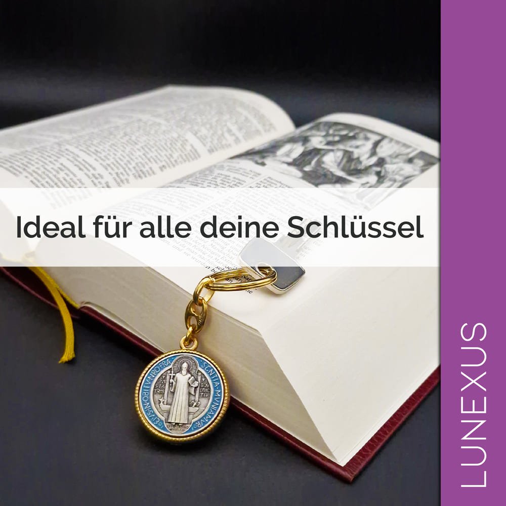 Benediktus Schlüsselanhänger 9 cm – Gold / Blau - LUNEXUS