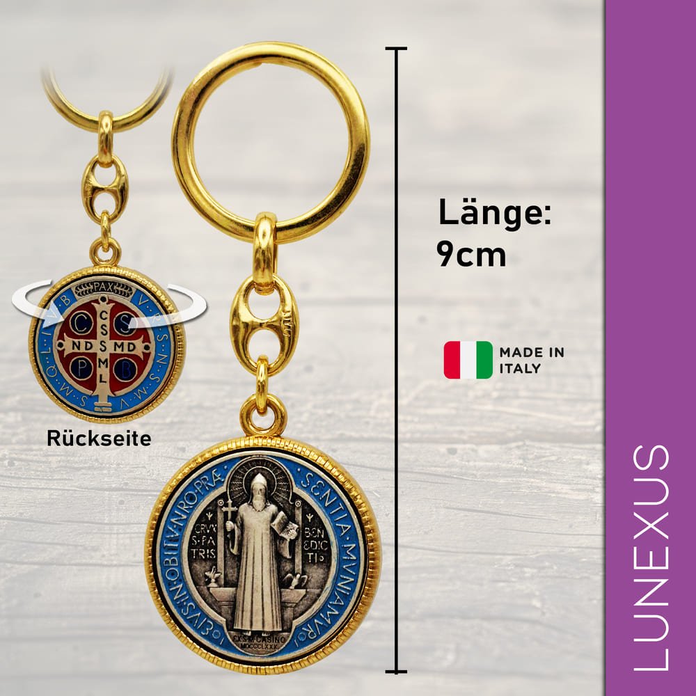 Benediktus Schlüsselanhänger 9 cm – Gold / Blau - LUNEXUS