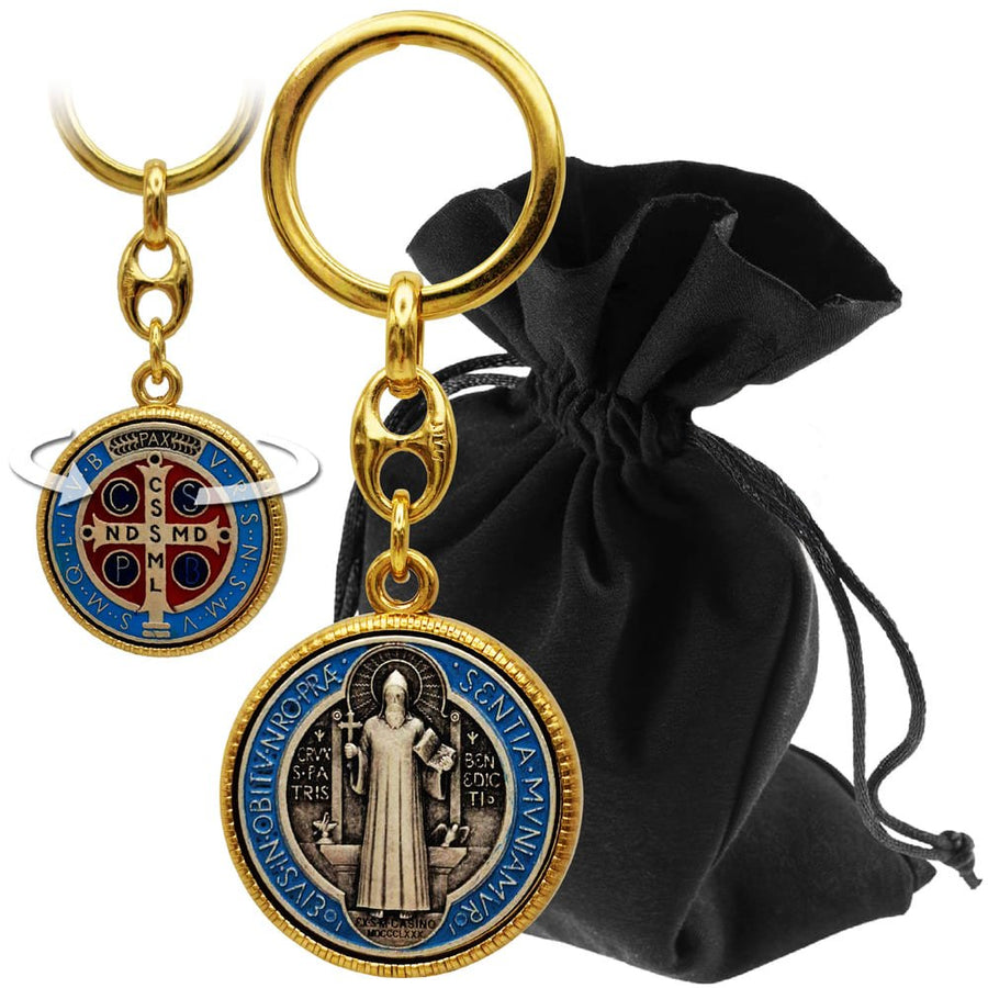 Porte-clés saint Benoît 9 cm – doré / bleu - LUNEXUS