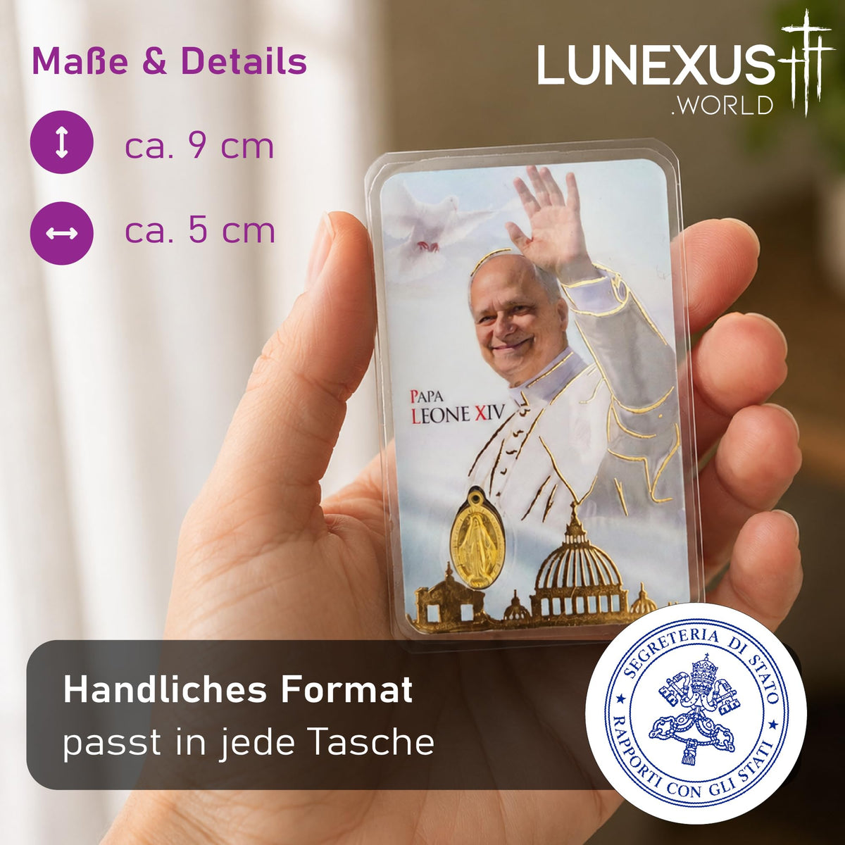 Prayer Card Pope Leo XIV with Miraculous Medal 9×5 cm – view 2