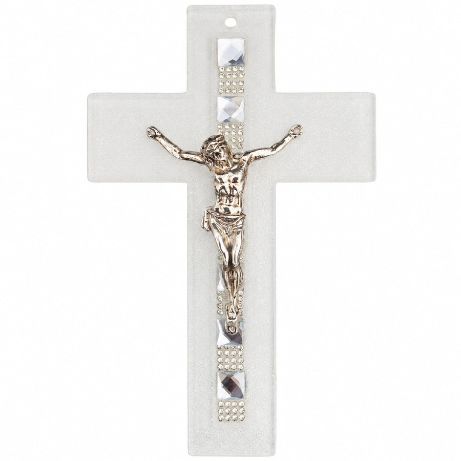 Croce in vetro 16×10,5 cm satinata con Cristo e strass – benedetta – vista del prodotto