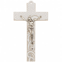 Glass Cross 17×9 cm White-Ivory with Corpus – Wall Cross, Blessed – product view