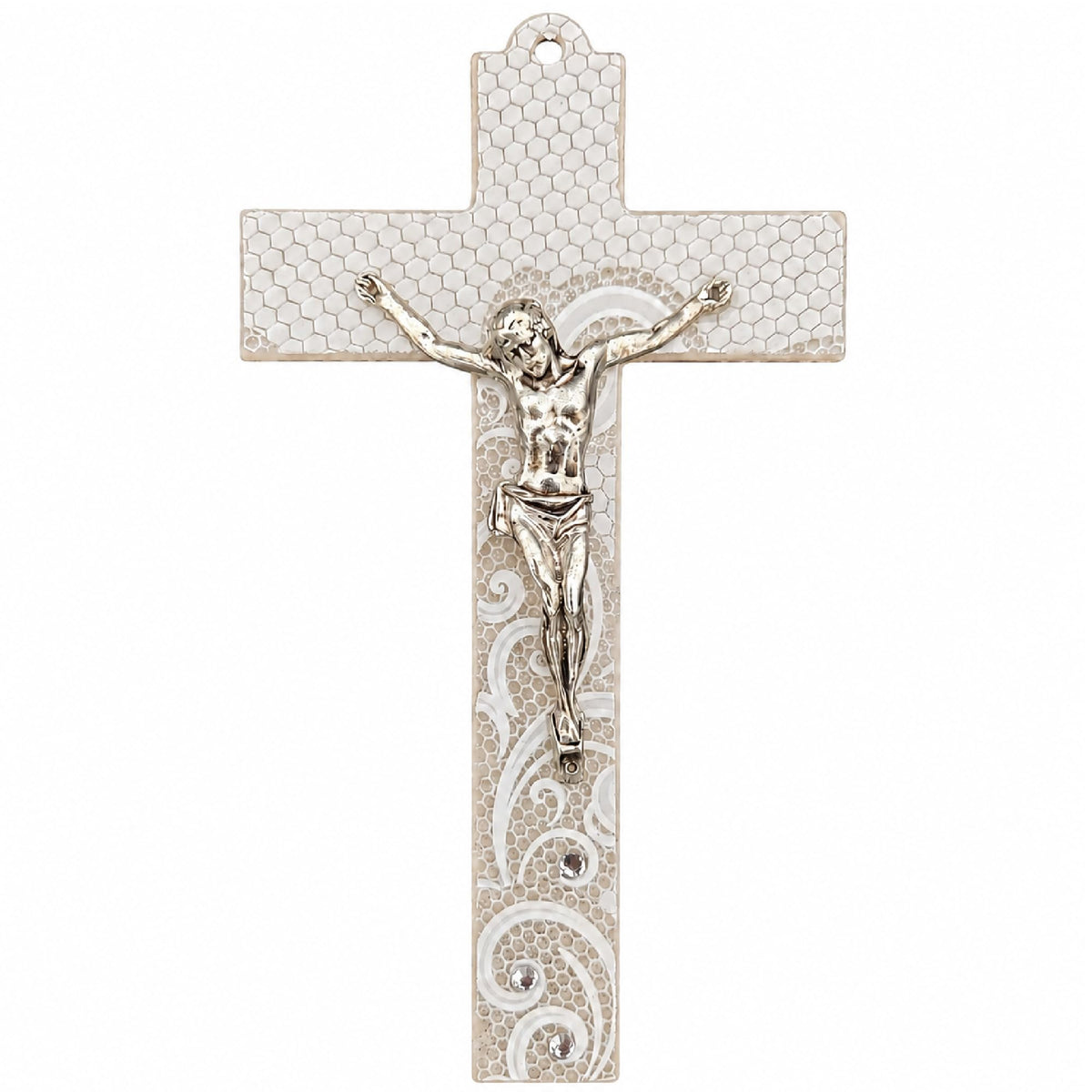Cruz de cristal 17×9 cm blanca y marfil con Cristo – cruz de pared, bendecida – vista del producto