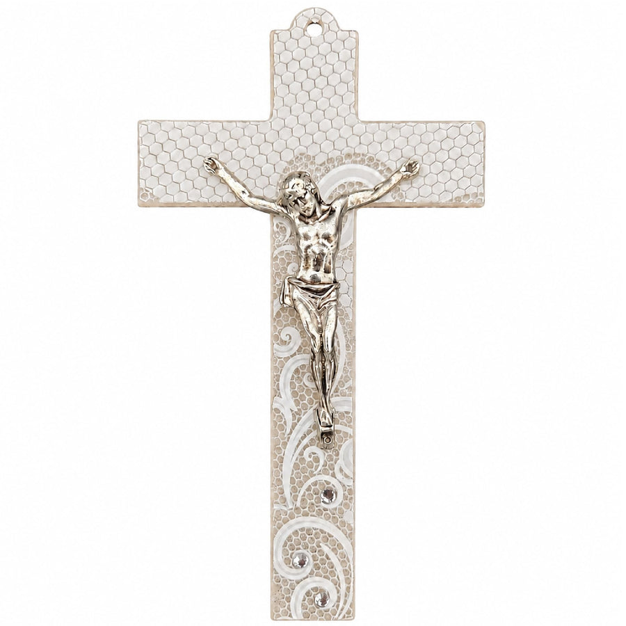 Cruz de cristal 17×9 cm blanca y marfil con Cristo – cruz de pared, bendecida – vista del producto
