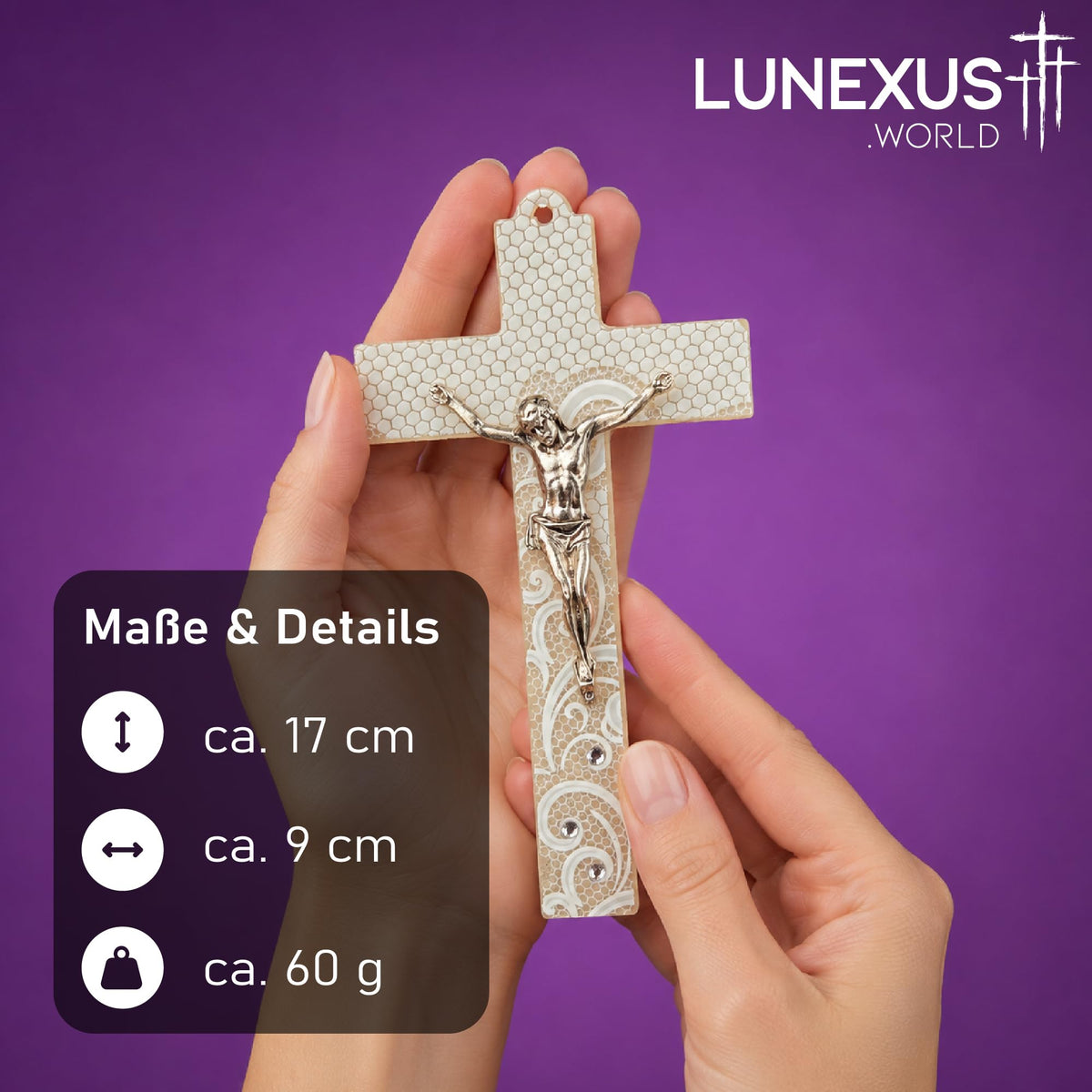 Cruz de cristal 17×9 cm blanca y marfil con Cristo – cruz de pared, bendecida – vista 2
