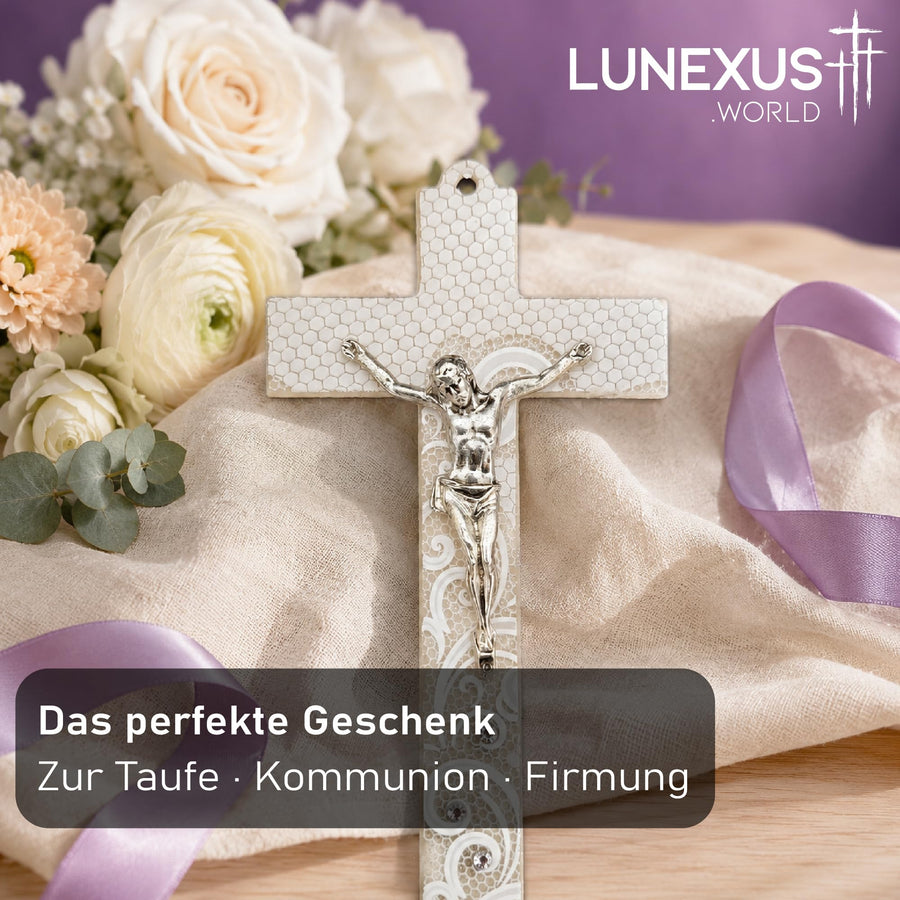 Cruz de cristal 17×9 cm blanca y marfil con Cristo – cruz de pared, bendecida – vista 6