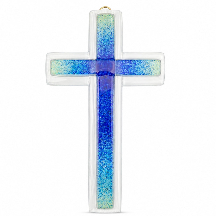 Glass Cross 20.5 cm Blue-Green Speckled – Wall Cross, Blessed – product view