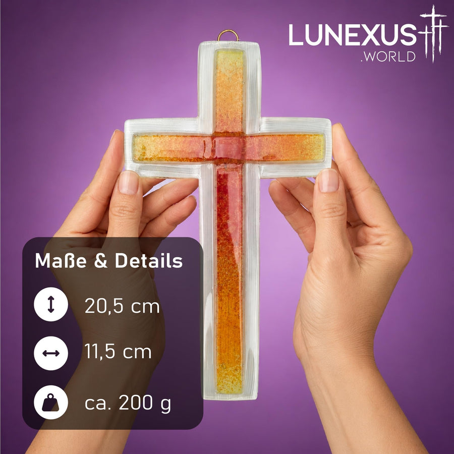 Cruz de cristal 20,5×11,5 cm degradado amarillo-naranja-rojo – bendecida – vista 2