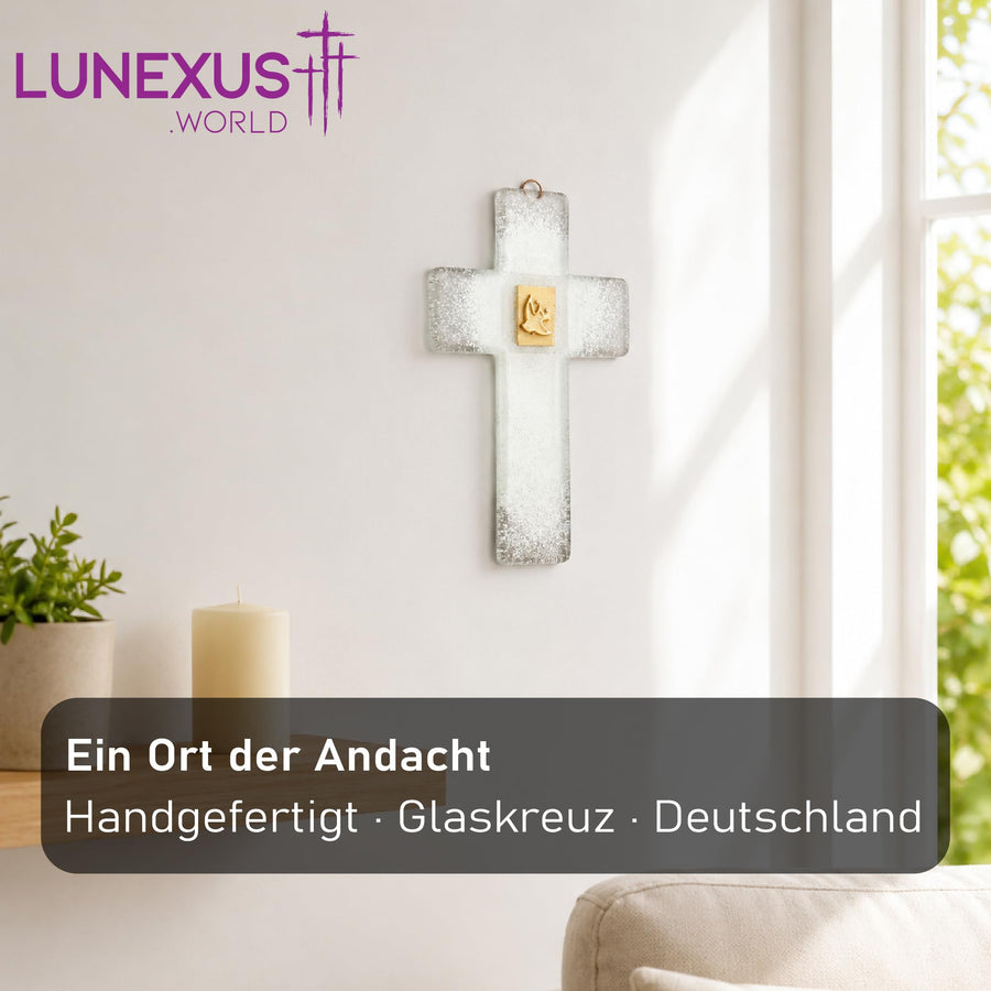Glass Cross 21×12.5 cm White-Transparent with Golden Dove – Blessed – view 3