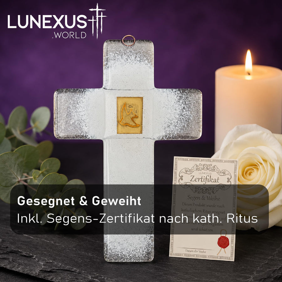 Glass Cross 21×12.5 cm White-Transparent with Golden Dove – Blessed – view 4