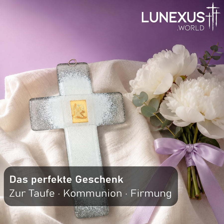 Glass Cross 21×12.5 cm White-Transparent with Golden Dove – Blessed – view 6