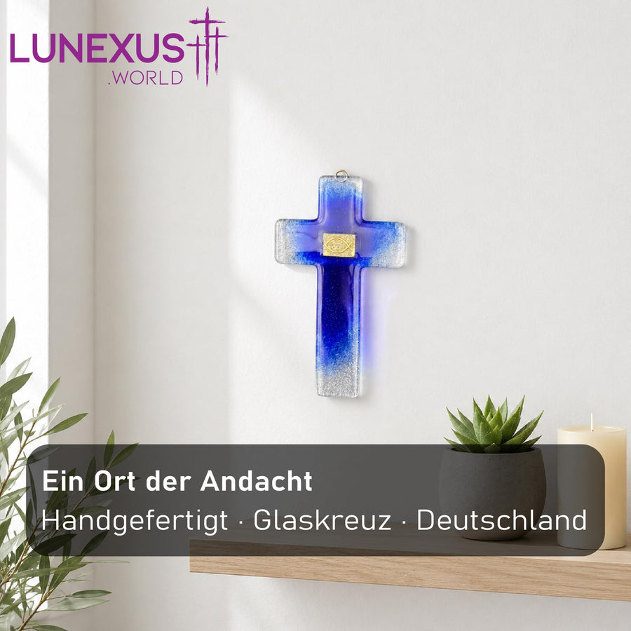 Glass Cross 21×14 cm, Blue with Golden Fish Symbol – Blessed – view 3
