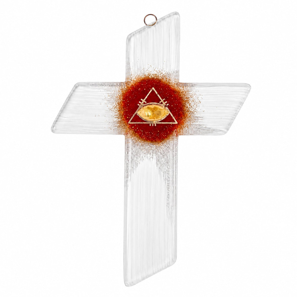 Cruz de cristal 22×15 cm con ojo de la Providencia dorado, blanca y roja – bendecida – vista del producto