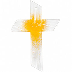 Glass Cross 22×15 cm with Fish Symbol, White-Yellow-Gold – Blessed – product view