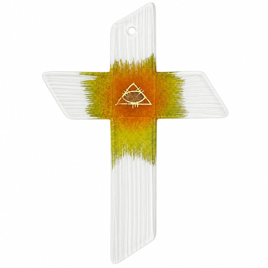 Glass Cross 22×15 cm, Textured Gold Eye, White-Red – Blessed – product view