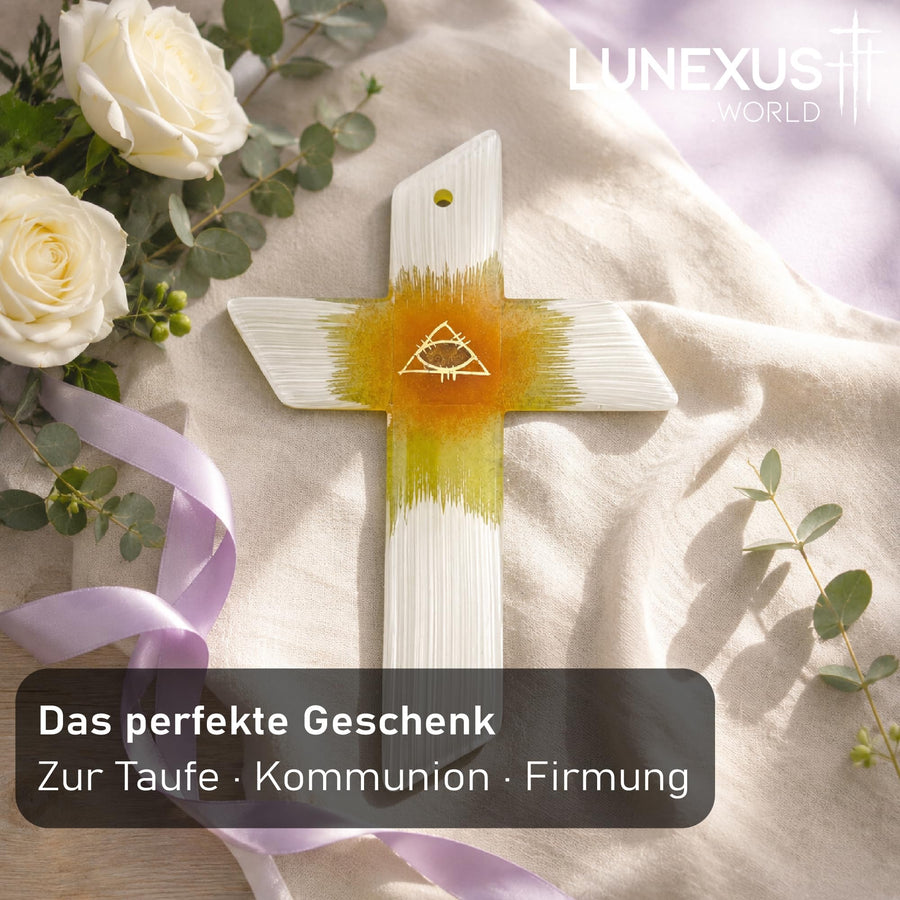 Glass Cross 22×15 cm, Textured Gold Eye, White-Red – Blessed – view 6