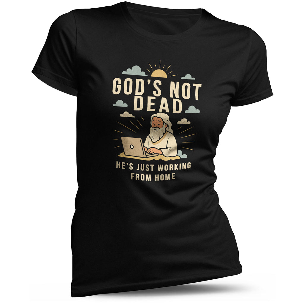 God’s Not Dead Damen T-Shirt in Schwarz mit humorvollem Motiv Gott am Laptop – christliches Glaubensshirt aus Baumwolle