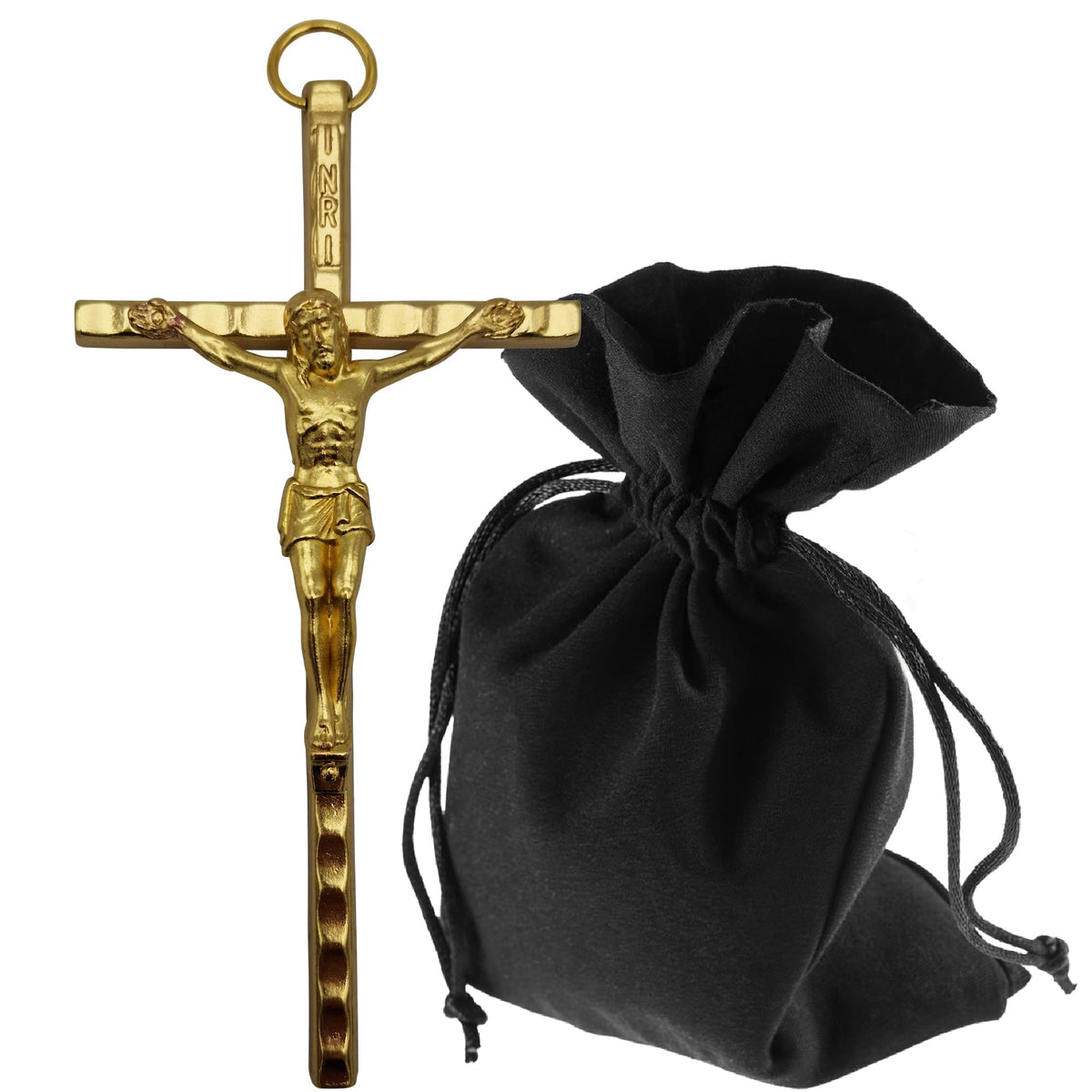 Cruz de pared con Cristo dorada, con bolsita de terciopelo – vista del producto