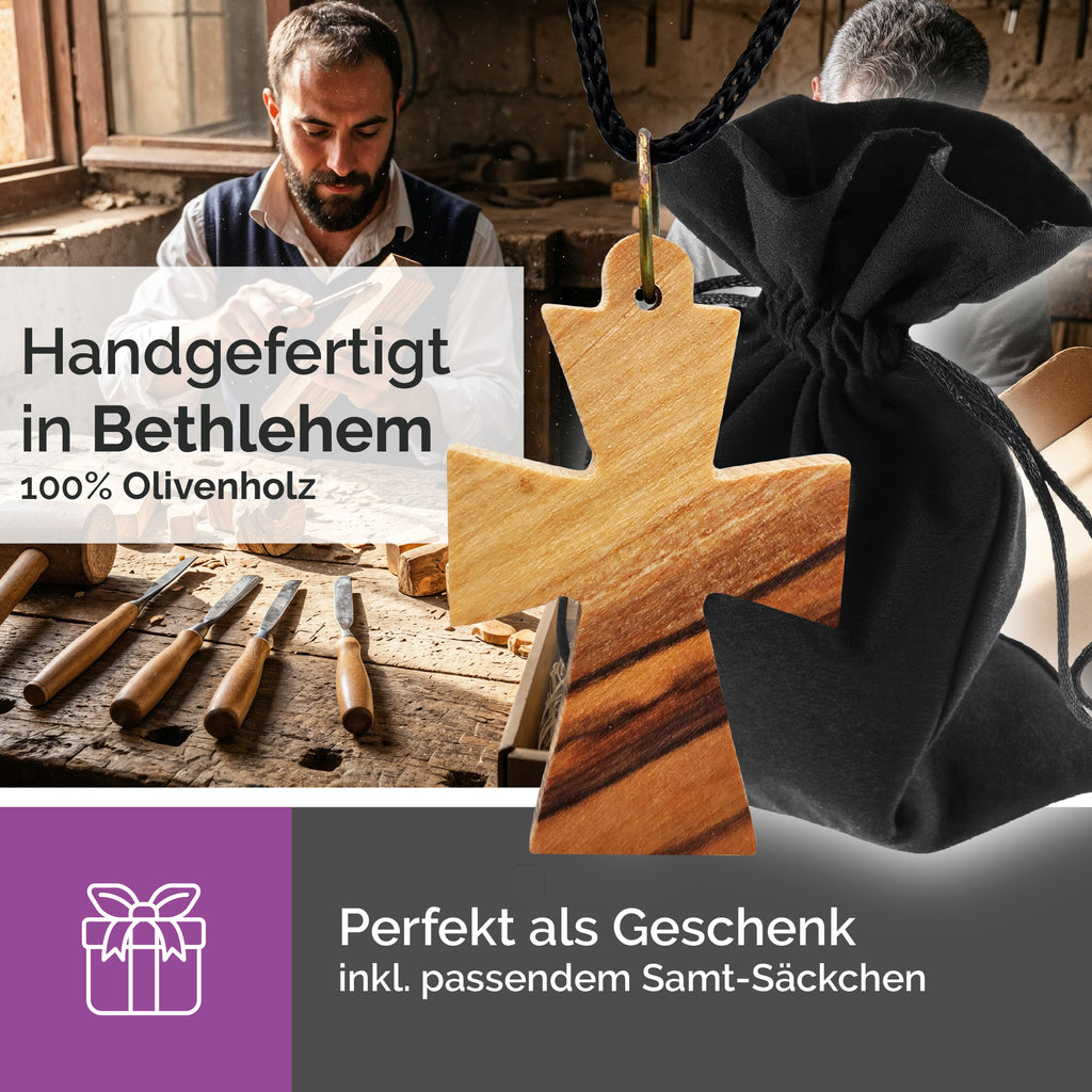 Handarbeit Bethlehem Halskette Olivenholz Byzantinisches Kreuz gesegnet Zertifikat