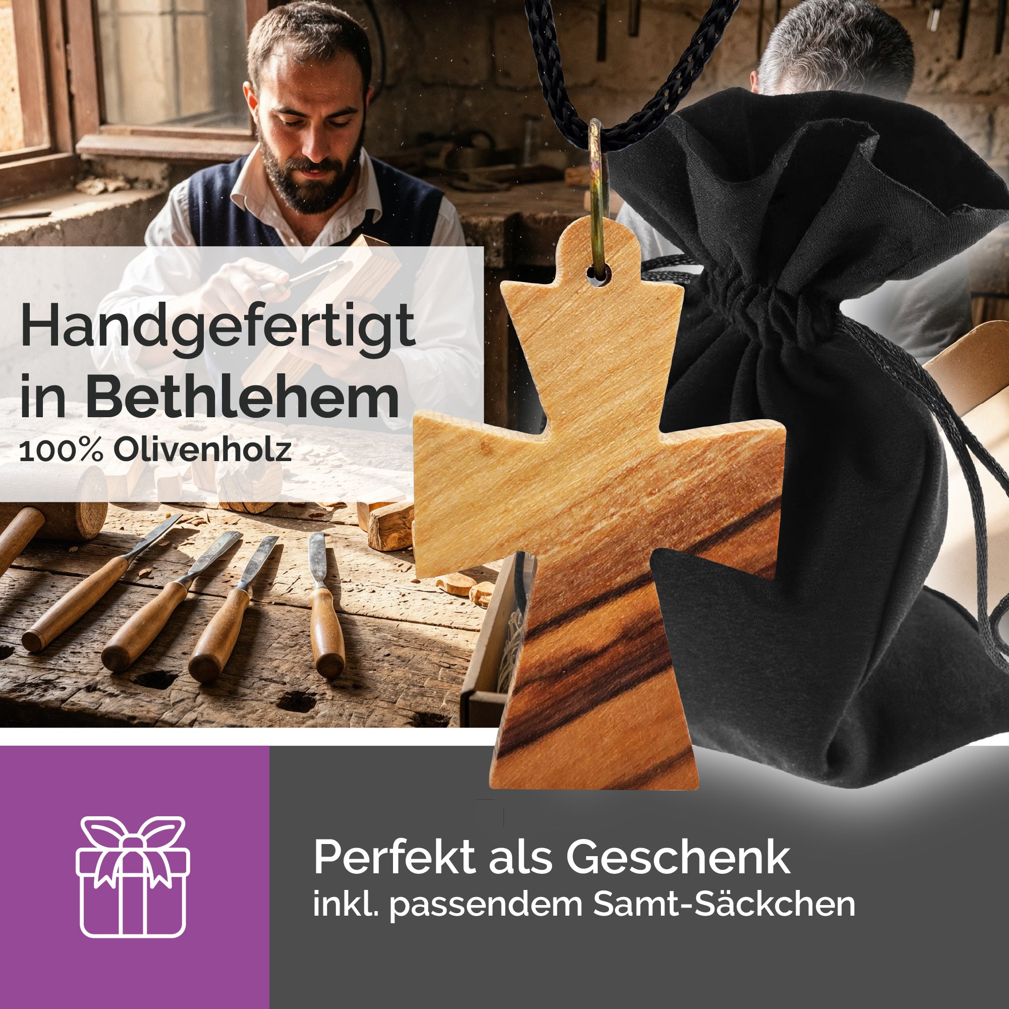 Handarbeit Bethlehem Halskette Olivenholz Byzantinisches Kreuz gesegnet Zertifikat