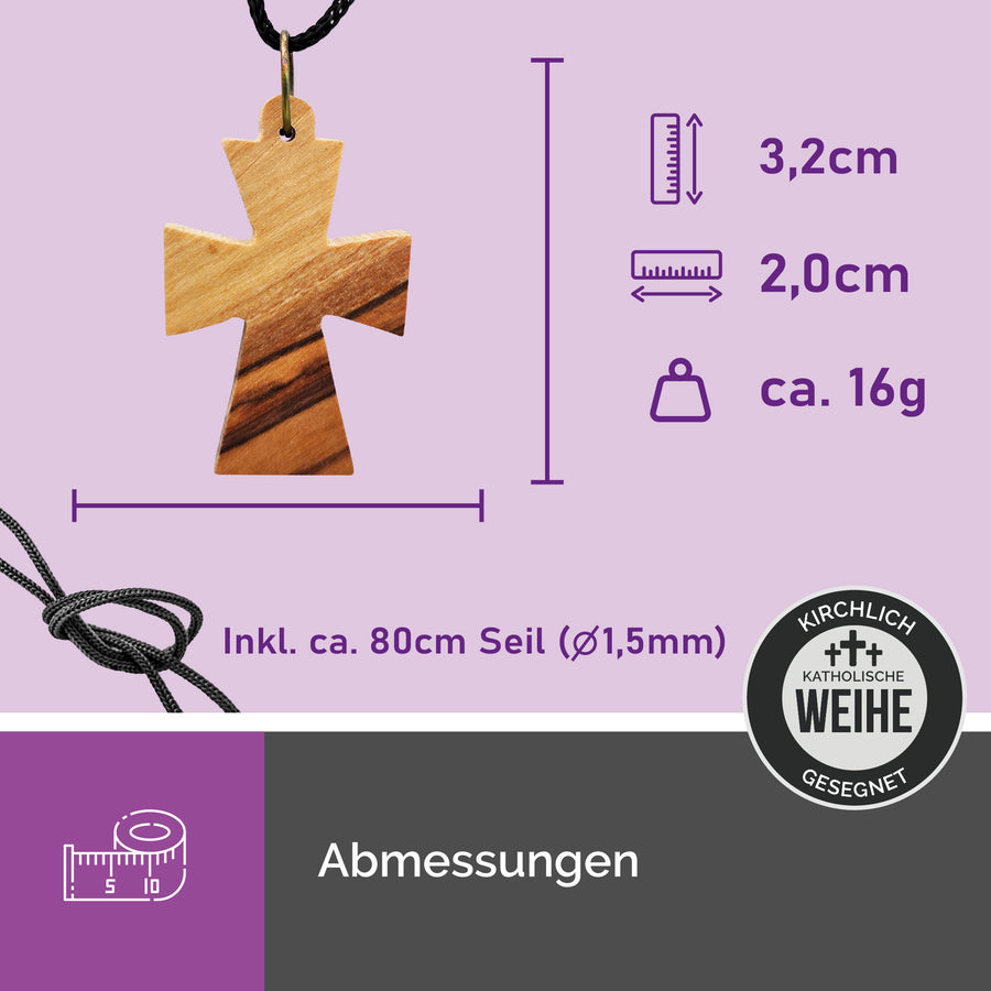 Dimensions du collier en bois d'olivier, pendentif croix byzantine 3,2 × 2 cm