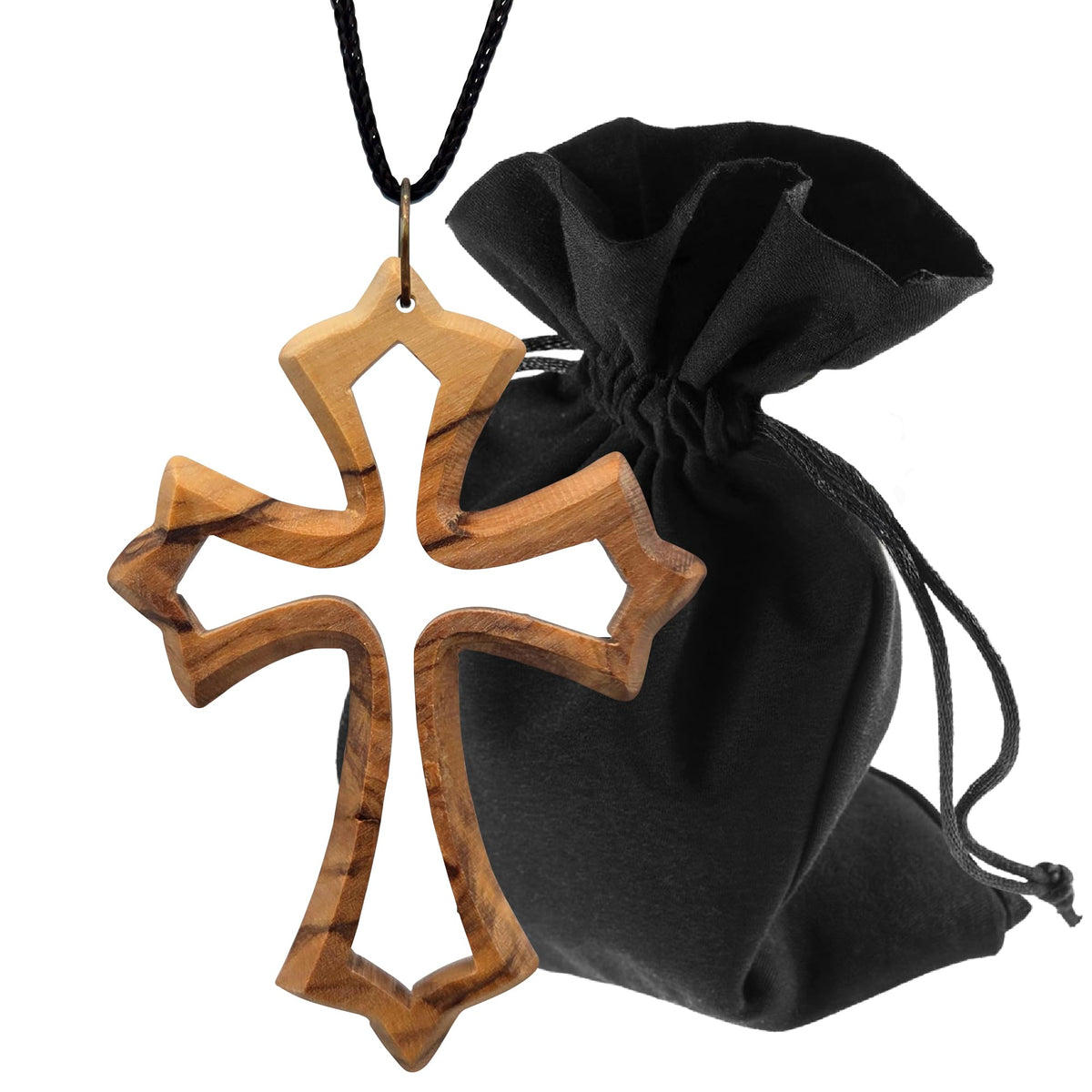 Collana in legno d'ulivo con croce traforata di Betlemme – benedetta nel nostro magazzino – vista del prodotto