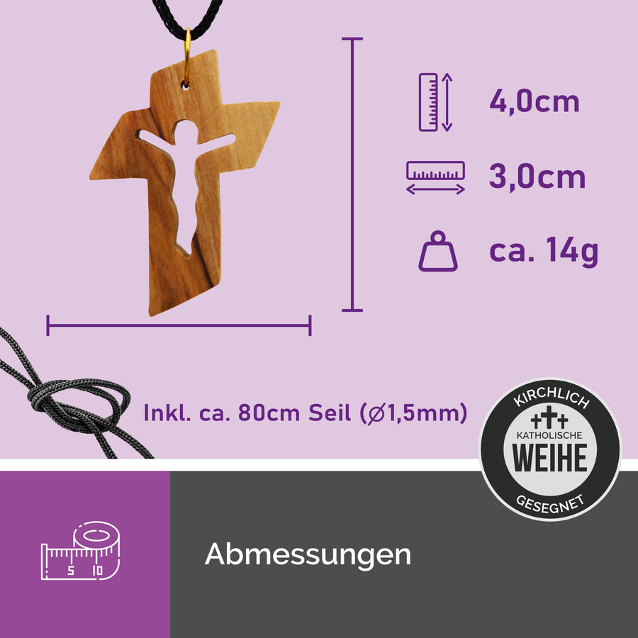 Dimensions du collier en bois d'olivier, pendentif croix avec figure du Christ 4 × 3 cm