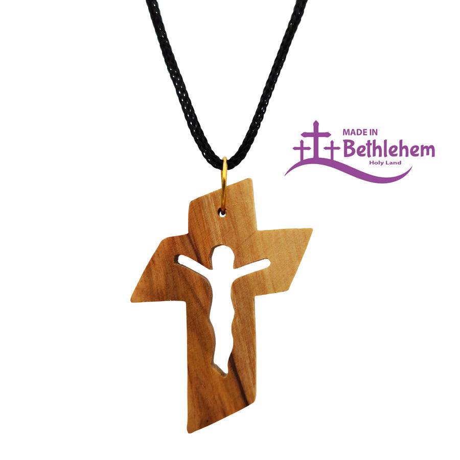 Collier en bois d'olivier, croix avec figure du Christ, bénit, fait main à Bethléem