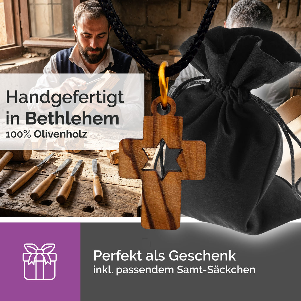 Handarbeit Bethlehem Halskette Olivenholz Kreuz mit Davidstern gesegnet Zertifikat