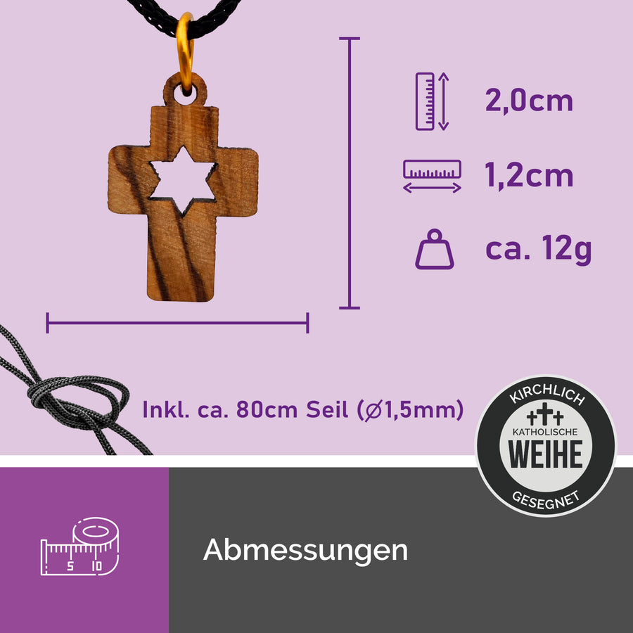 Dimensions du collier en bois d'olivier, pendentif croix avec étoile de David 2 × 1,2 cm